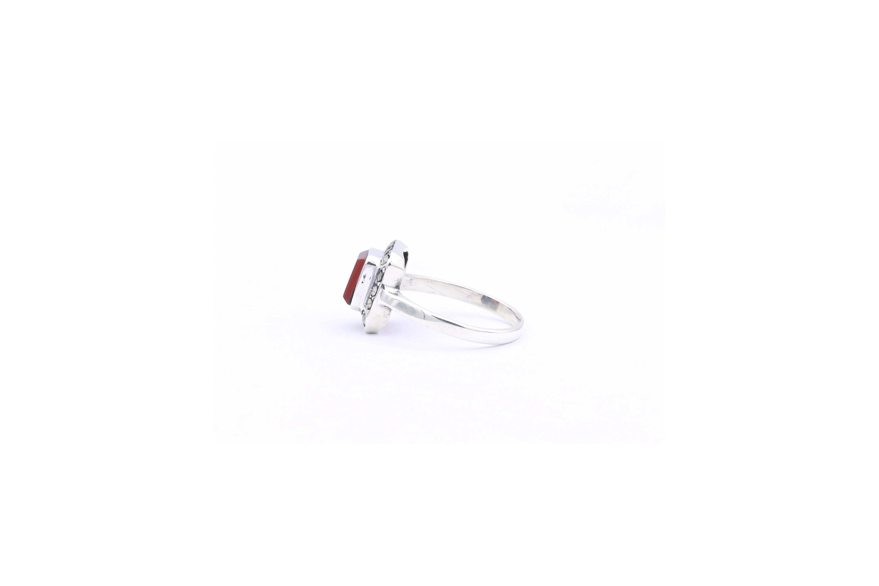 Bague Art Déco En Argent 925 Sertie De Cornaline Et Marcassites - Taille 52, Vintage, Occasion